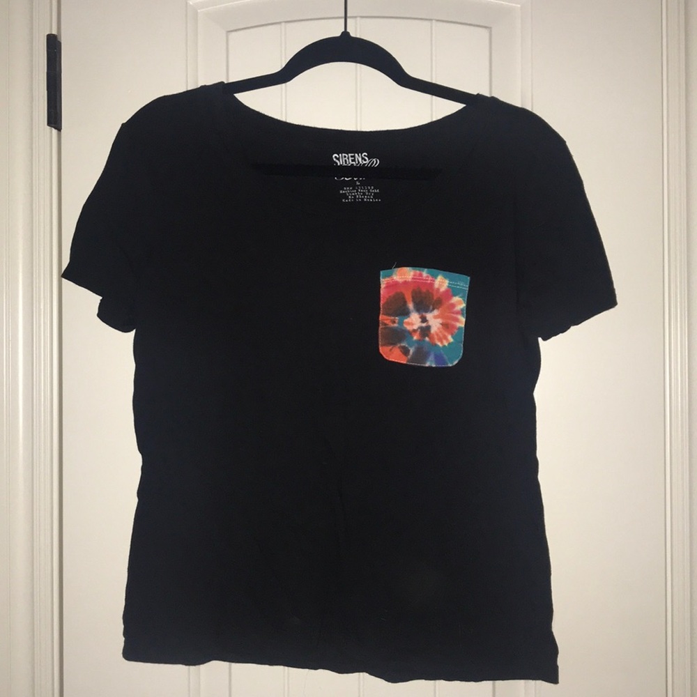 black t shirt with tie dye pocket